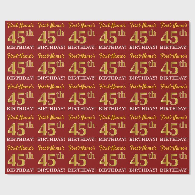 Red, Imitation Gold Look "45. GEBURTSTAG" Geschenkpapier (Flach)
