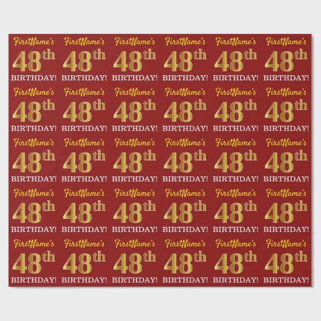 Red, Imitation Gold Look "48. BIRTHDAY" Geschenkpapier (Flach)