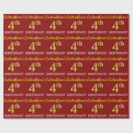 Red, Imitation Gold Look "4. BIRTHDAY" Geschenkpapier