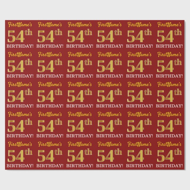 Red, Imitation Gold Look "54. GEBURTSTAG" Geschenkpapier (Flach)