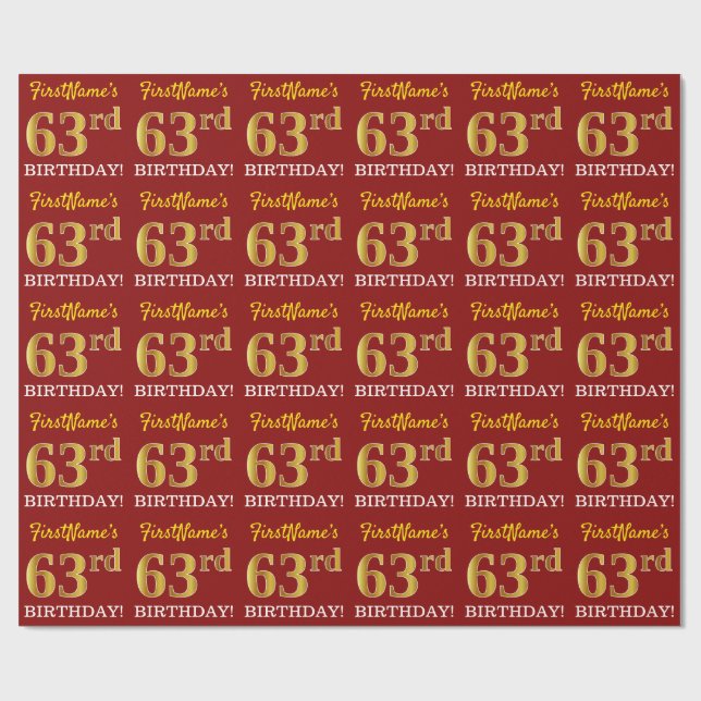 Red, Imitation Gold Look "63. BIRTHDAY" Geschenkpapier (Flach)