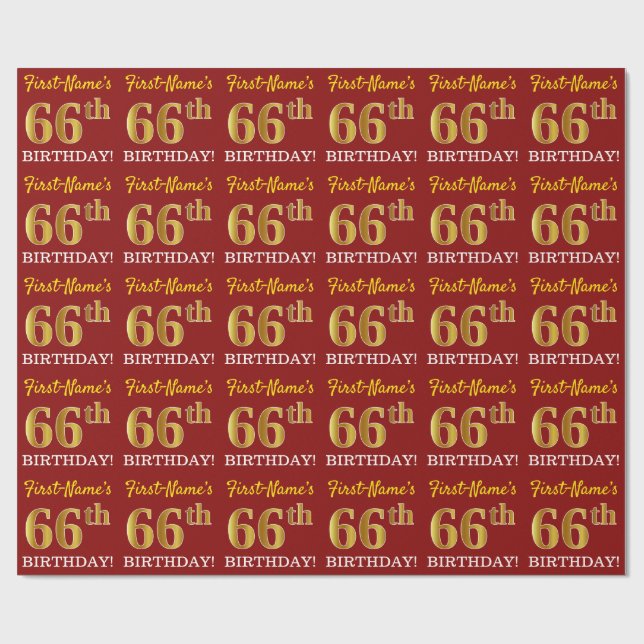 Red, Imitation Gold Look "66. GEBURTSTAG" Geschenkpapier (Flach)