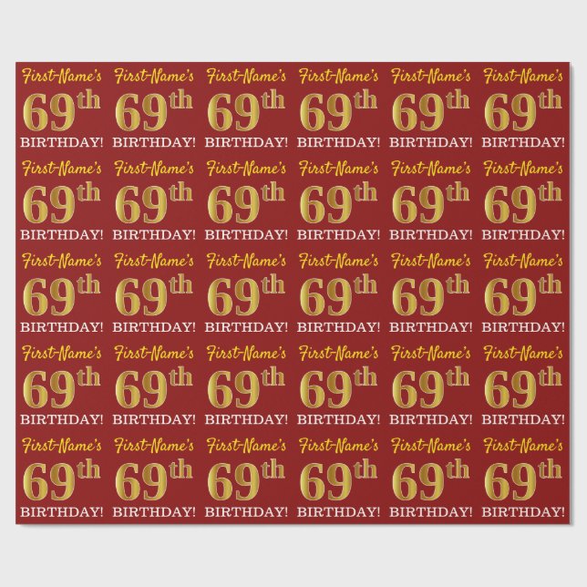 Red, Imitation Gold Look "69. GEBURTSTAG" Geschenkpapier (Flach)