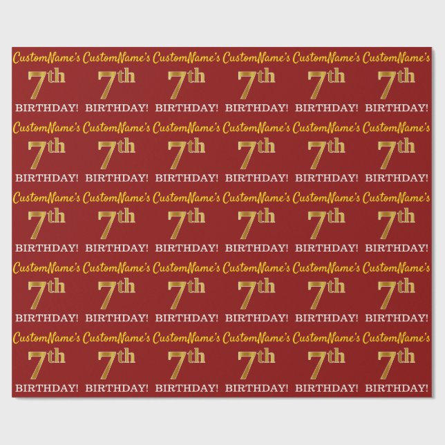 Red, Imitation Gold Look "7. BIRTHDAY" Geschenkpapier (Flach)