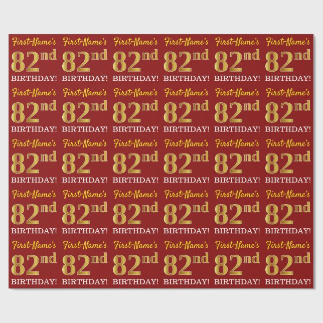 Red, Imitation Gold Look "82. BIRTHDAY" Geschenkpapier (Flach)