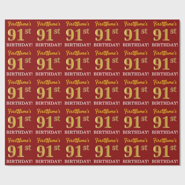 Red, Imitation Gold Look "91. BIRTHDAY" Geschenkpapier (Flach)