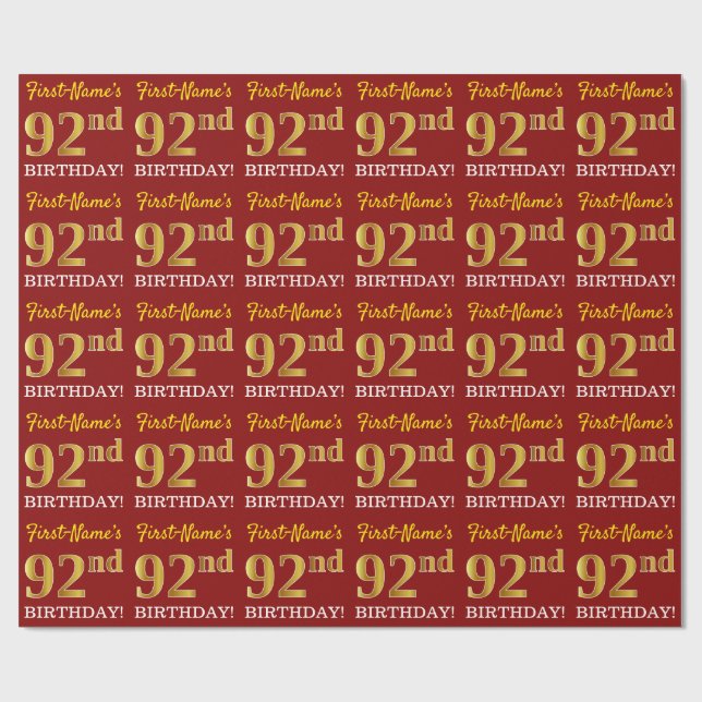 Red, Imitation Gold Look "92. BIRTHDAY" Geschenkpapier (Flach)