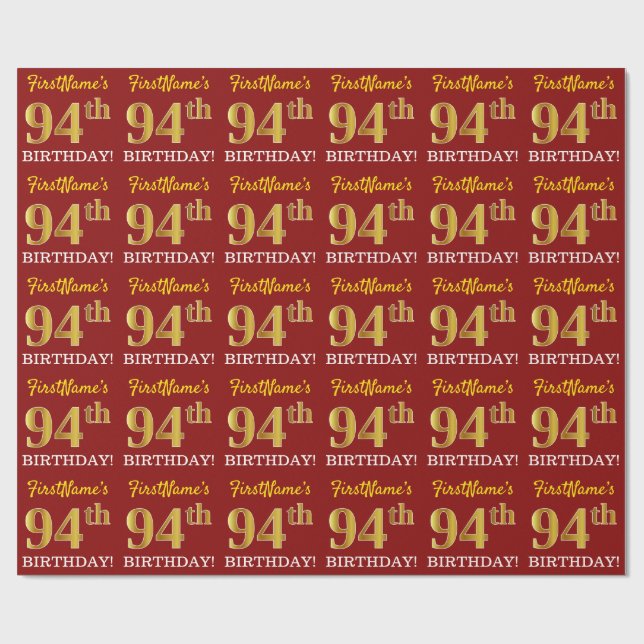 Red, Imitation Gold Look "94. BIRTHDAY" Geschenkpapier (Flach)