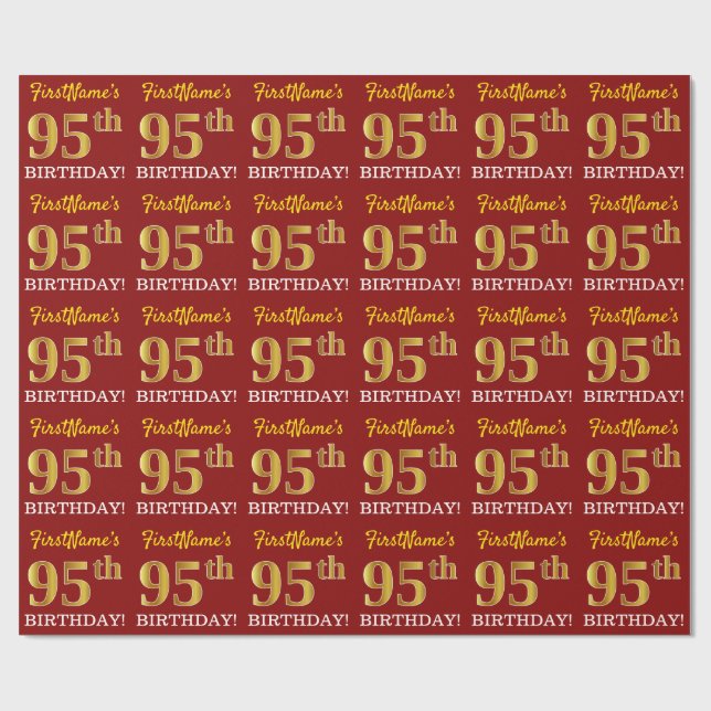Red, Imitation Gold Look "95. GEBURTSTAG" Geschenkpapier (Flach)