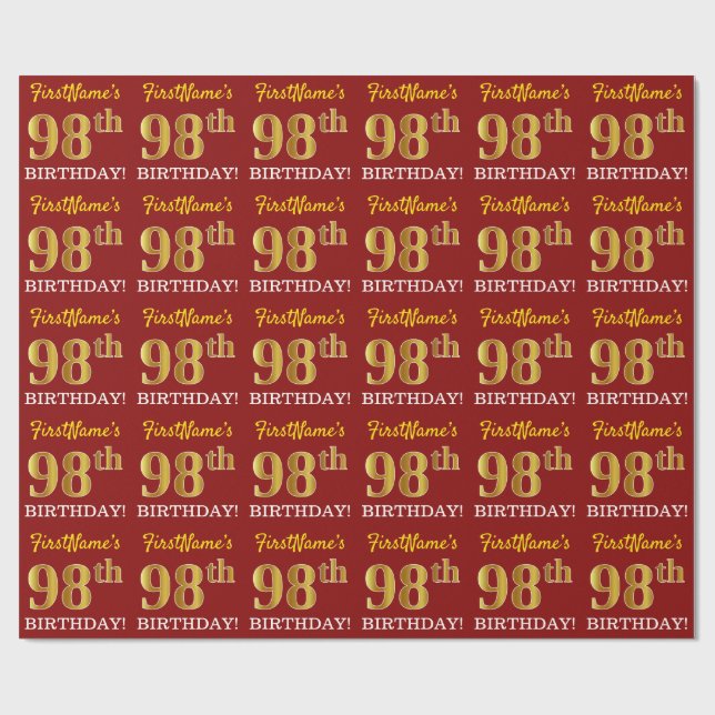 Red, Imitation Gold Look "98. BIRTHDAY" Geschenkpapier (Flach)