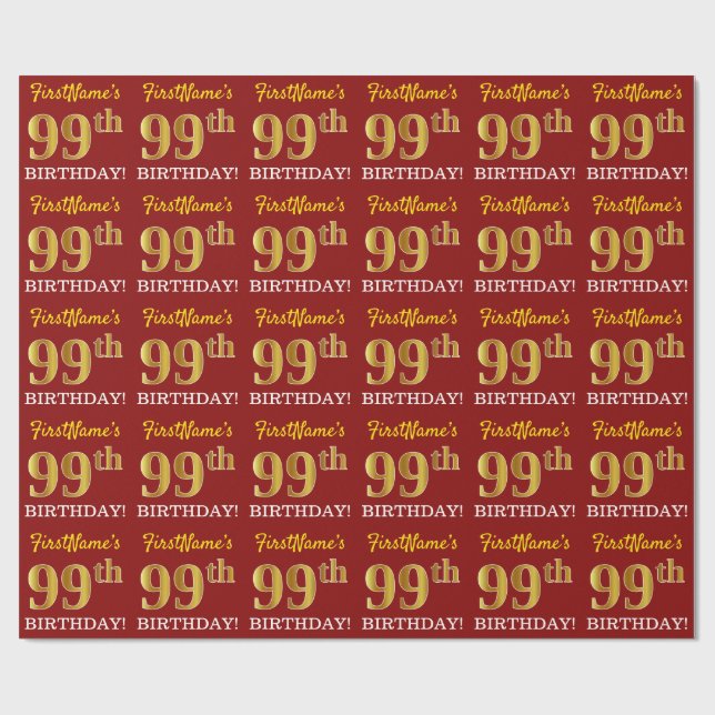 Red, Imitation Gold Look "99. GEBURTSTAG" Geschenkpapier (Flach)