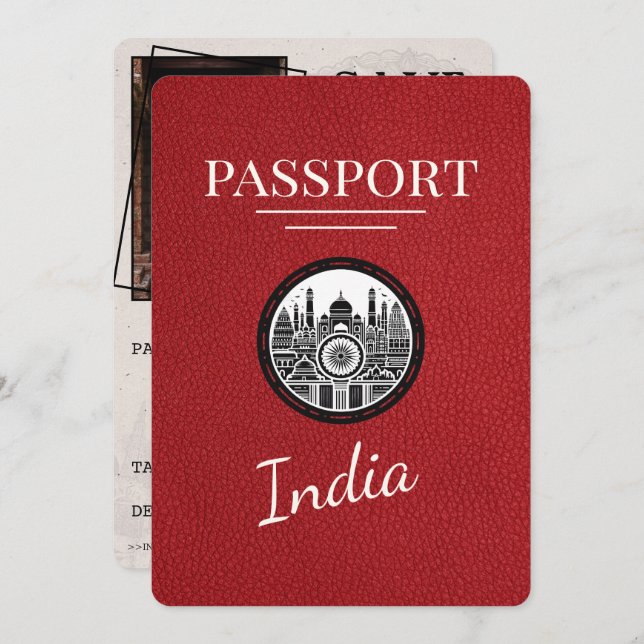 Red India Passport Save the Date (Vorne/Hinten)