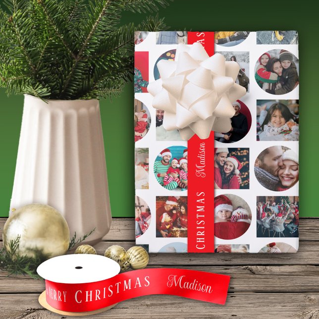 Red Individuelle Name Happy Holidays Satinband (Like the wrapping paper too?
https://www.zazzle.com/photo_collage_holiday_wrapping_paper_sheets-2567)
