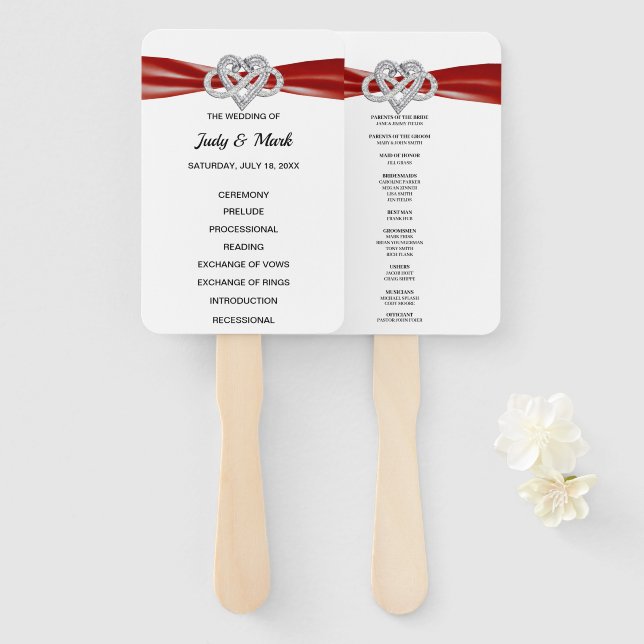 Red Infinity Heart Wedding Program Fans Fächer (Vorne und Hinten)
