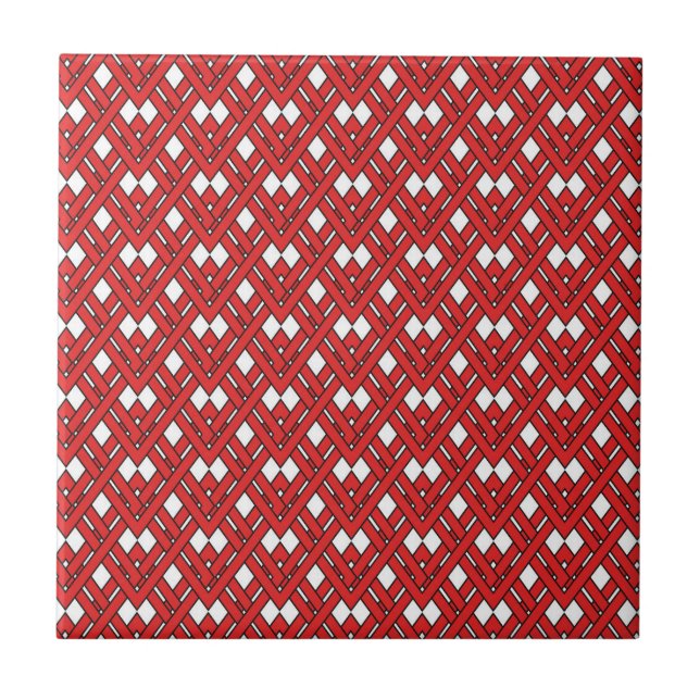 Red Interlocking Rhombusse Geometric Zig Zag Lines Fliese (Vorderseite)