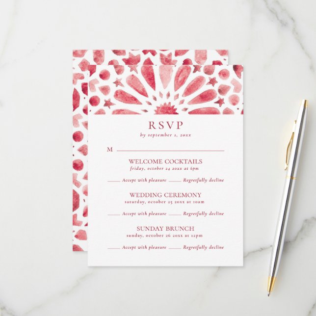 Red Islamic Pattern Multi Event Hochzeit RSVP Karte (Vorderseite/Rückseite Beispiel)