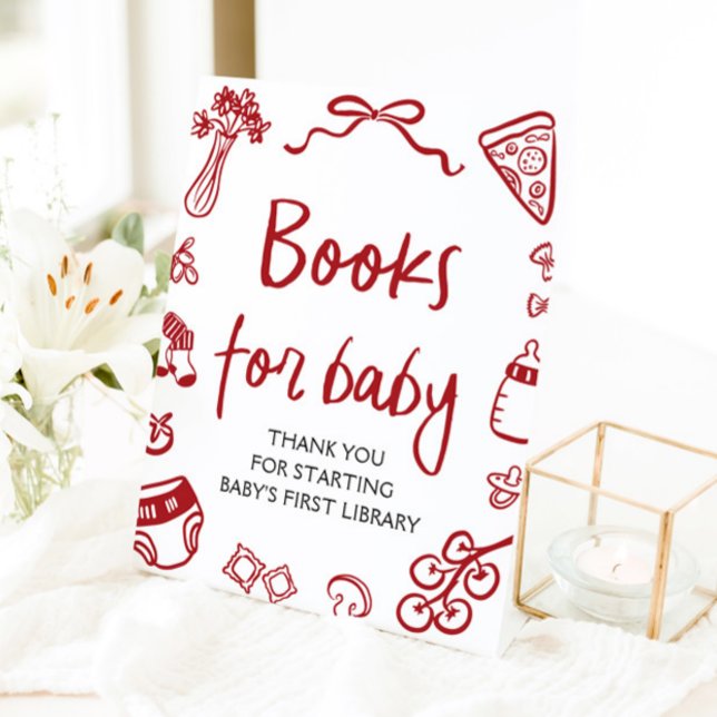 Red Italian Hand Drawing Baby Shower Books for Bab Sockelschild (Red Italian Hand Drawn Baby Shower Books for Baby Sign)