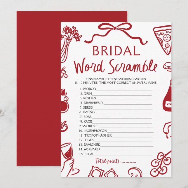 Red Italian Hand Drawing Bridal Word Scramble Game Einladung (Vorne/Hinten)