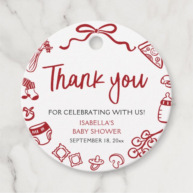 Red Italian Hand Drawn Pizza Baby Dusche Danke Geschenkanhänger (Vorderseite)