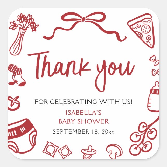 Red Italian Hand Drawn Pizza Baby Shower Thank you Quadratischer Aufkleber (Vorderseite)
