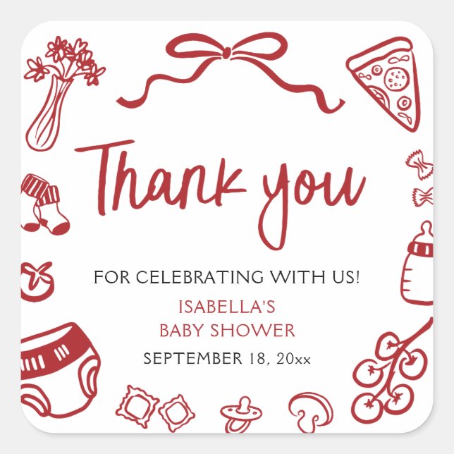 Red Italian Hand Drawn Pizza Baby Shower Thank you Quadratischer Aufkleber (Vorderseite)