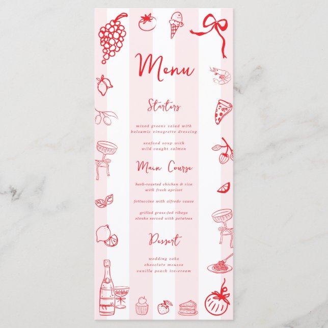 Red Italian Hand Drawn Wedding Bridal Shower Menükarte (Vorderseite)