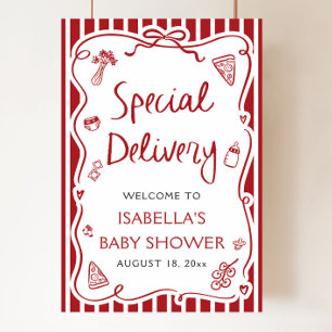 Red Italian Special Delivery Baby Dusche Willkomme Poster
