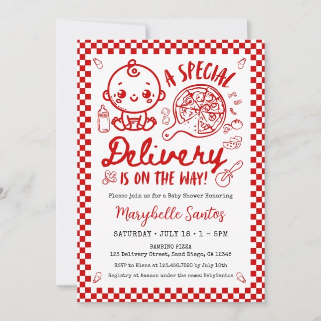 Red Italian Special Delivery Baby Invitation Einladung (Vorderseite)