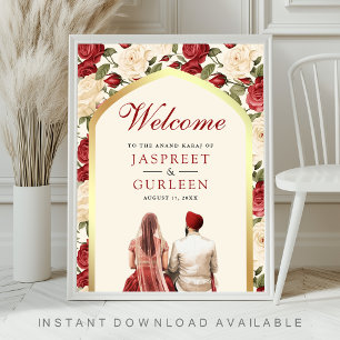 Red Ivory Floral Anand Karaj Wedding Welcome Sign Poster