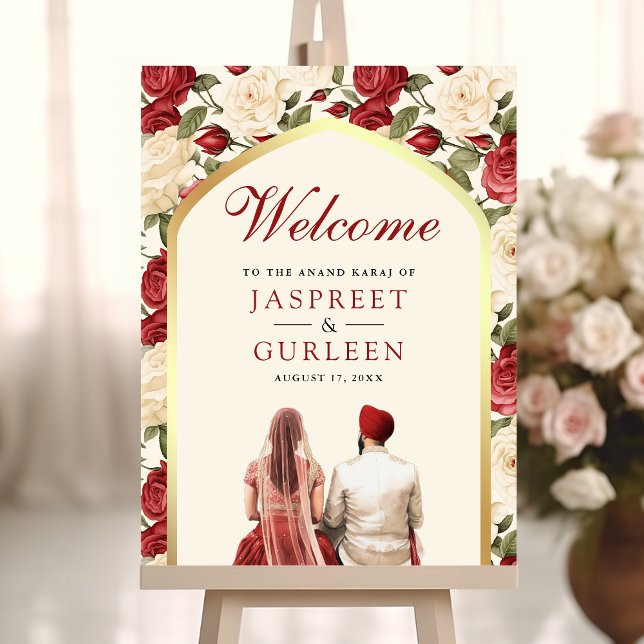 Red Ivory Floral Anand Karaj Wedding Welcome Sign Poster (Von Creator hochgeladen)
