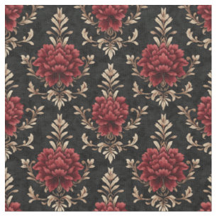 Red & Ivory Floral Damask auf schwarz Stoff