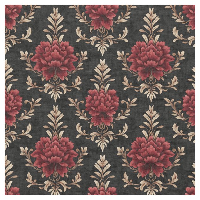 Red & Ivory Floral Damask auf schwarz Stoff (Nahaufnahme)