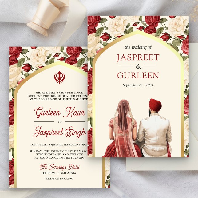 Red Ivory Floral Punjabi Anand Karaj Sikh Wedding Einladung (Von Creator hochgeladen)