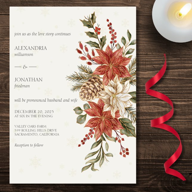 Red & Ivory Poinsettias in Snow on Ivory Wedding Einladung (Also available with QR code. )