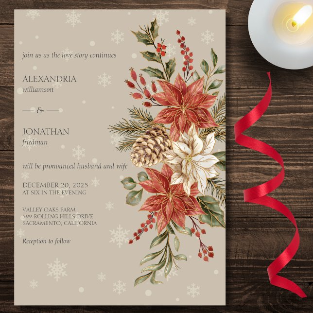 Red & Ivory Poinsettias in Snow on Taupe Wedding Einladung (Von Creator hochgeladen)