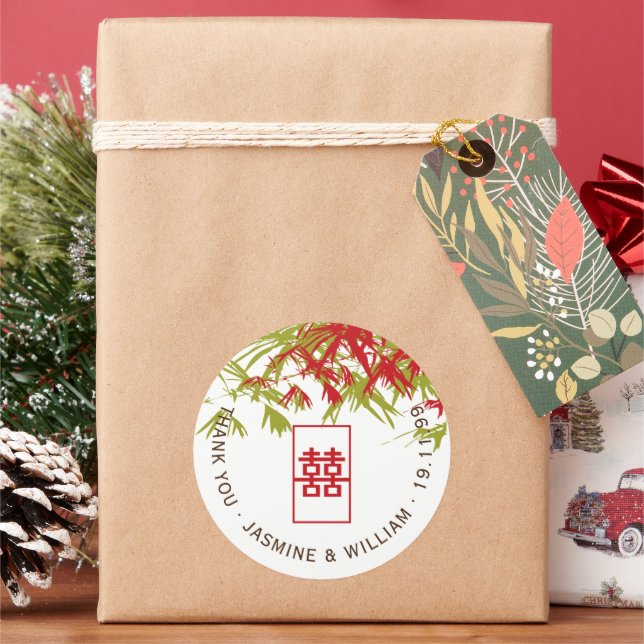 Red & Jade Bamboo Blätter Shuang Xi Chinese Weddin Runder Aufkleber (Feiertag)