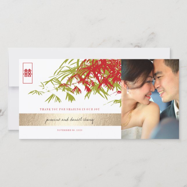 Red Jade Green Bamboo Verlasse chinesisches Hochze Dankeskarte (Vorderseite)