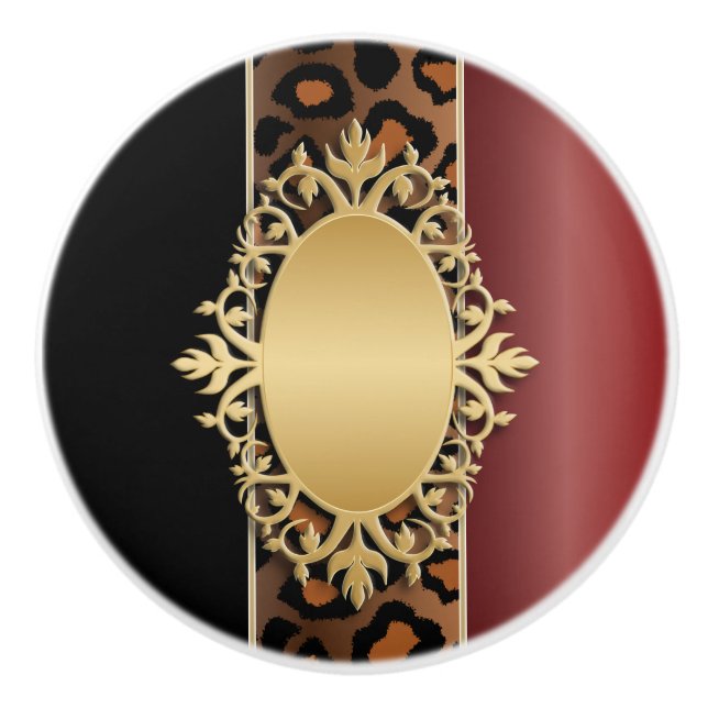 Red Jaguar Animal Print in Black and Garnet Keramikknauf (Vorderseite)