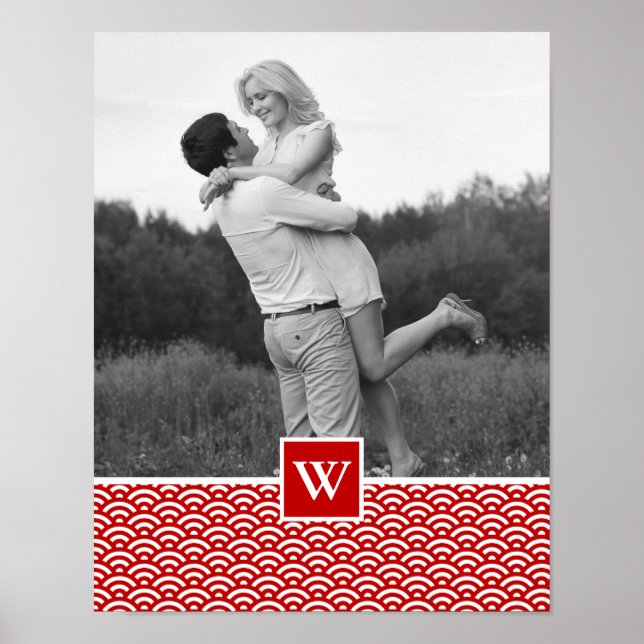 Red Japanese Pattern | Foto mit Monogramm Poster (Vorne)