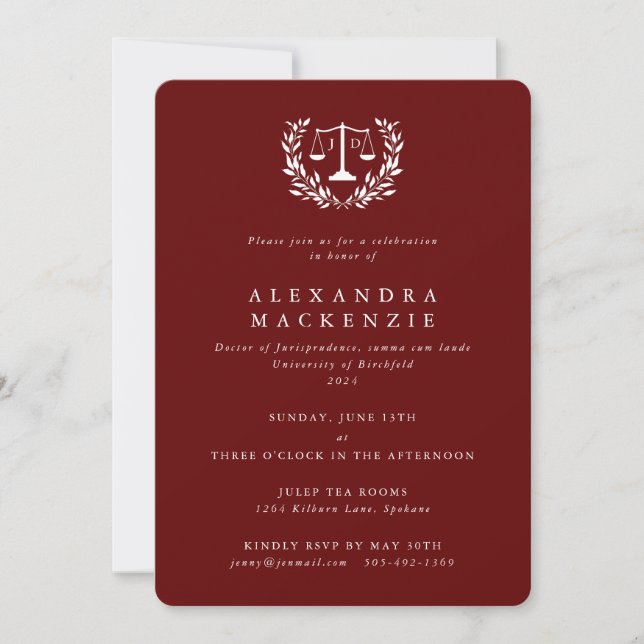 Red JD Law Scales Laurel Wreath Abschluss Invitat Einladung (Vorderseite)