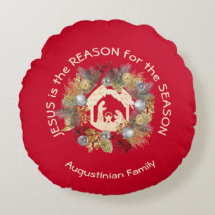 Red JESUS IST DIE GRÜNDE FÜR Weihnachtskrippe Rundes Kissen