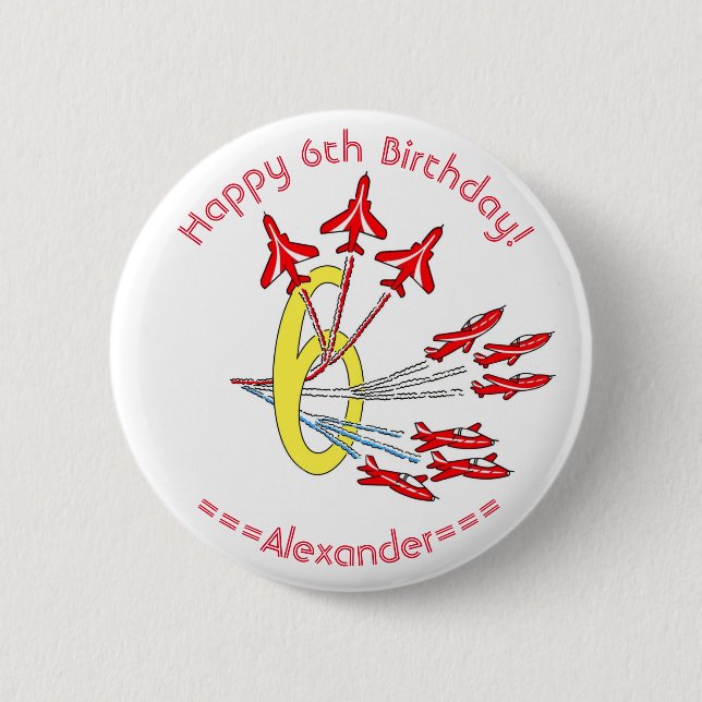 Red Jet Flugzeug 6. Geburtstag Abzeichen Button (Vorderseite)
