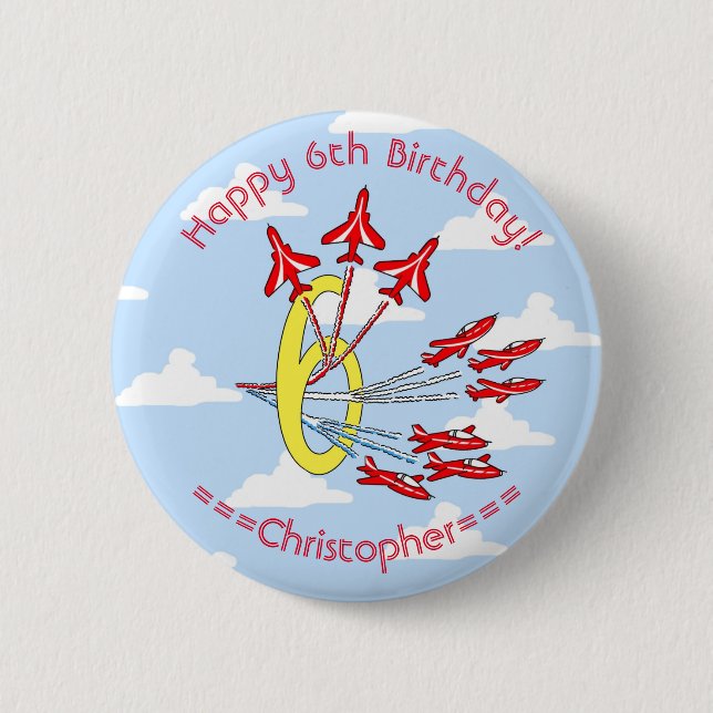 Red Jet Flugzeug 6th Birthday Blue Sky Button (Vorderseite)