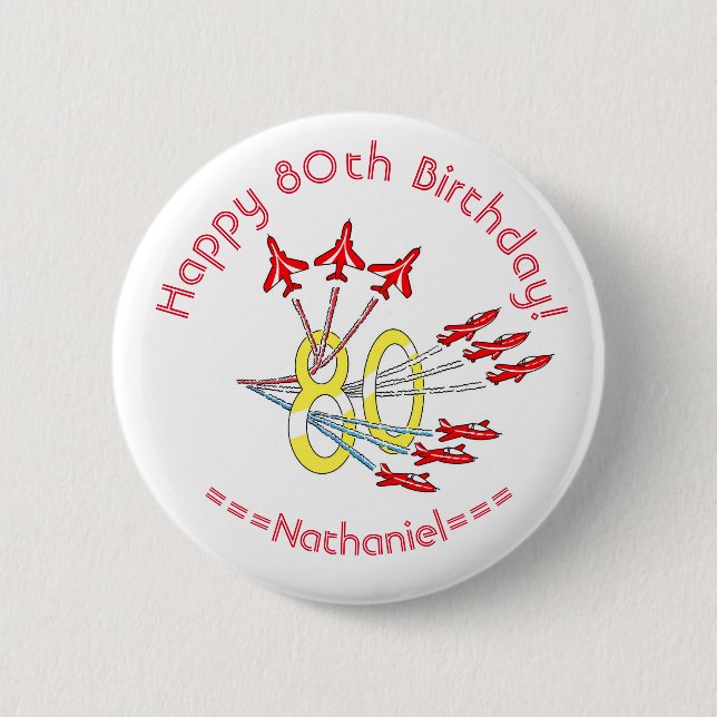 Red Jet Flugzeug - 80. Geburtstag Abzeichen Button (Vorderseite)