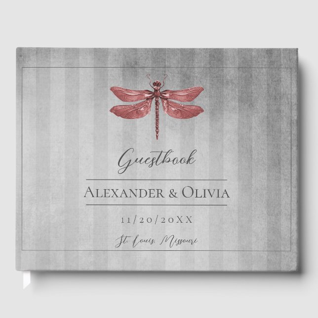 Red Jeweled Dragonfly Wedding Gästebuch (Vorderseite)