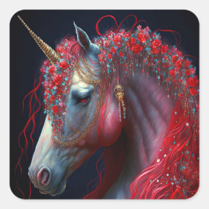 Red Jeweln Unicorn Fantasy Art Quadratischer Aufkleber