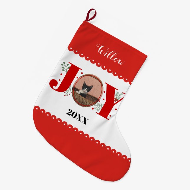 Red Joy mit Beeren Weihnachtskatzenfresser Foto Großer Weihnachtsstrumpf (Vorderansicht (hängend))