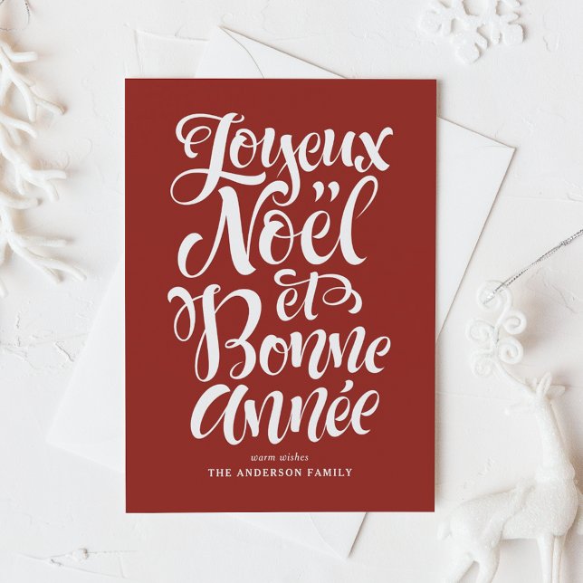 Red Joyeux Noël und Bonne Année Calligraphie Feiertagskarte (Von Creator hochgeladen)