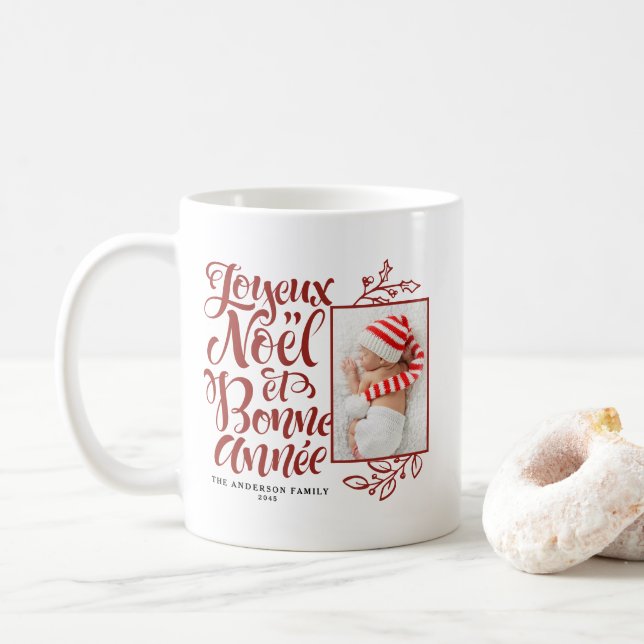 Red Joyeux Noël und Bonne Année Foto Kaffeetasse (Mit Donut)