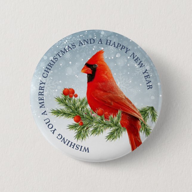 Red Kardinal Bird Frohe Weihnachtsknopf Button (Vorderseite)